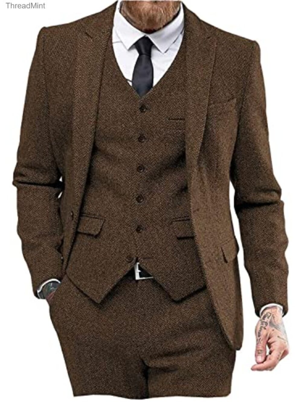 Mens Tweed Herringbone 3 Piece Suit Peak Lapel Wedding Prom Tuxedo